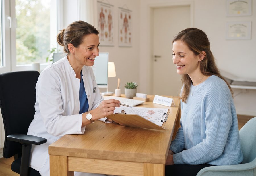 Ärztin bespricht Befunde mit einer Patientin