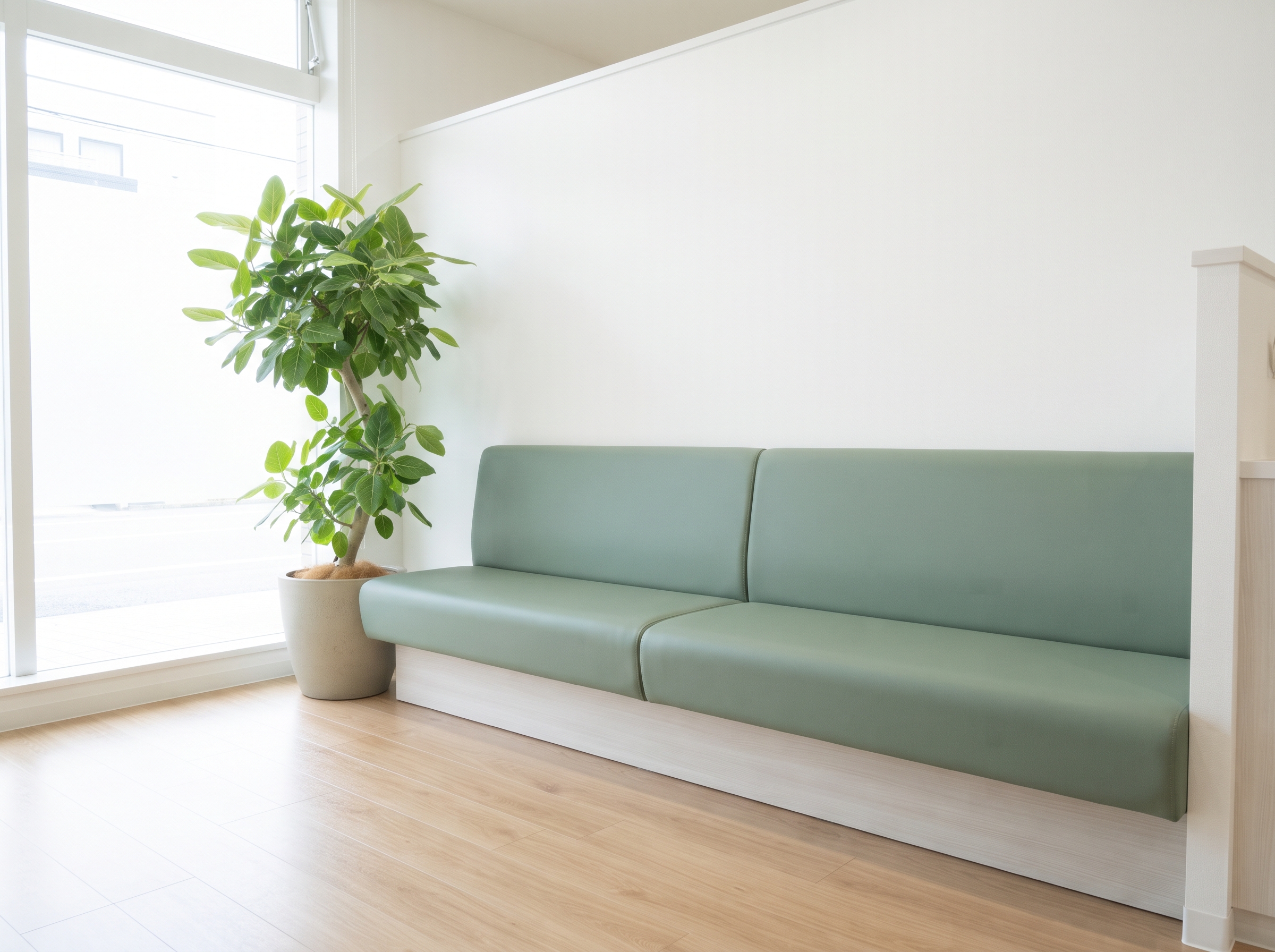 Heller Wartebereich mit Sitzbank und Pflanze